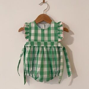 BELLA BLISS EUC Bright Green Checkered Gingham Flutter Sleeve Side Tie Bubble